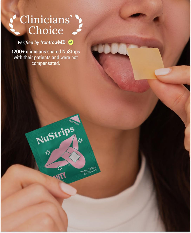 NuStrips™ Fast-Dissolving Beauty Strips with Biotin, Folate & Vitamin E – Hair, Skin & Nails Supplement – Supports Hair Growth & Reduces Hair Fall – Non-GMO, Vegan – Delicious Strawberry (30 Strips)