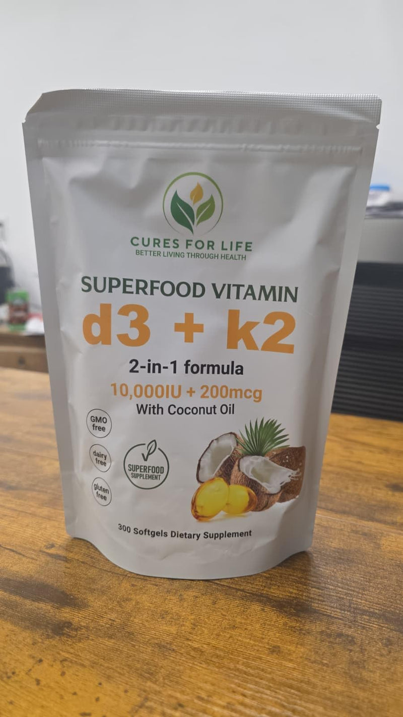 Vitamin D3 + K2 Supplement 10,000 IU & 200 mcg - Infused with Coconut Oil for Max Absorption - Bone & Immune Support - Non-GMO, Gluten Free - 300 Softgels