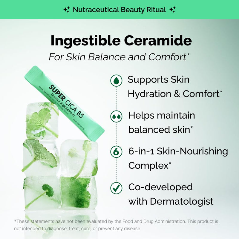 VITALBEAUTIE Super CICA B5 – Ingestible Ceramide Powder Stick Packs – K‑Beauty Skin Supplement for Skin Balance – Lemon Yogurt Flavor (Naturally & Artificially Flavored) – 30 Sachets