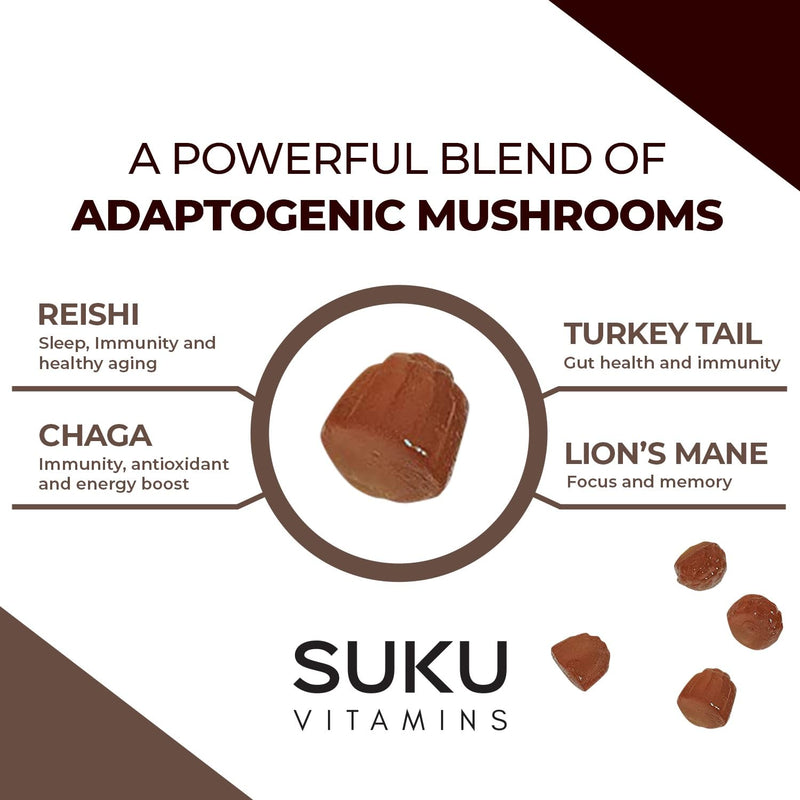 SUKU Vitamins - Super Mushroom -Reishi Chaga, Turkey Tail & Lions Mane Blend Gummies for Immunity - Easy to Chew - Non GMO, Gluten Sugar Free - Espresso Decaffeinated Flavored Gummy Vitamins, 50 Count