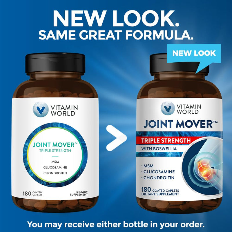 Vitamin World Triple Strength Joint Mover, Glucosamine Chondroitin with MSM | Joint Support Supplement, Collagen & Boswellia Serrata Extract, Support Joint Strength, Comfort & Flexibility, 180 Caplets 180 Count (Pack of 1)