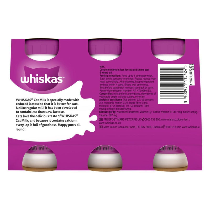 Whiskas Adult Cat Milk Bottles Low Lactose Cat Treat No Preservatives 30 x 200ml