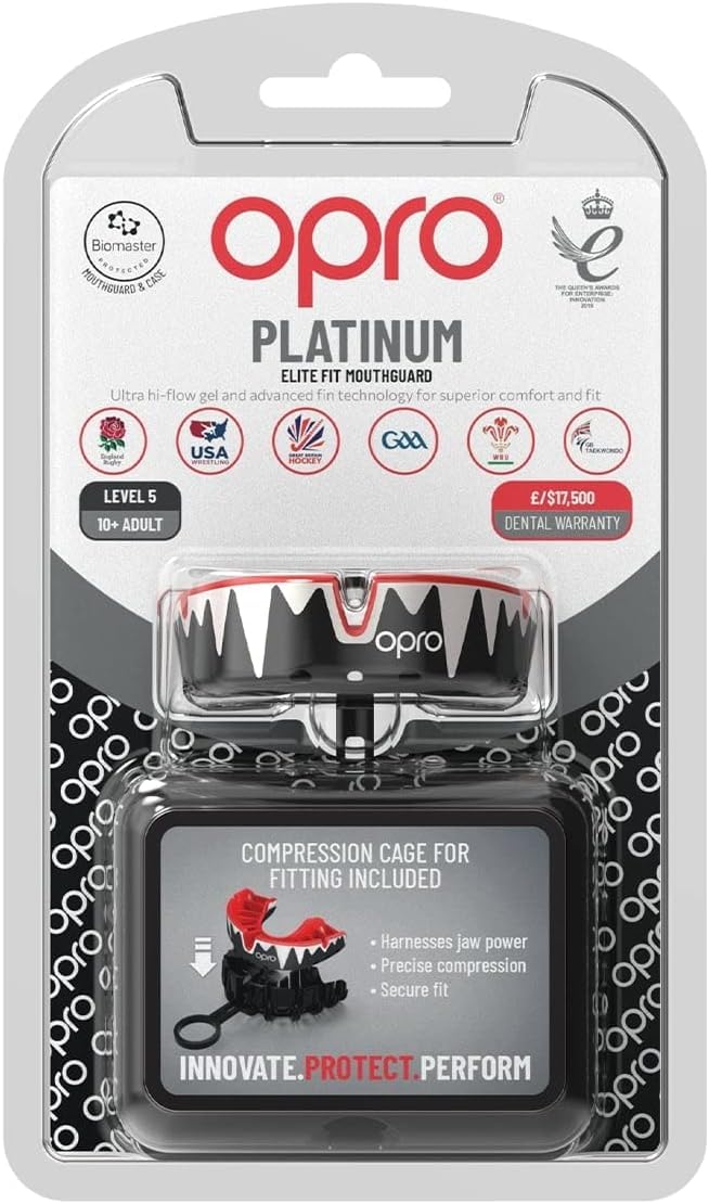OPRO Platinum Level Mouth Guard, Pro-Level Comfort, Protection & Fit - Moldable Mouth Piece for Boxing, Hockey, MMA, Lacrosse, UFC, jiu Jitsu - Includes Mouthguard Case (Black/White/Red, Adult) Black/White/Red
