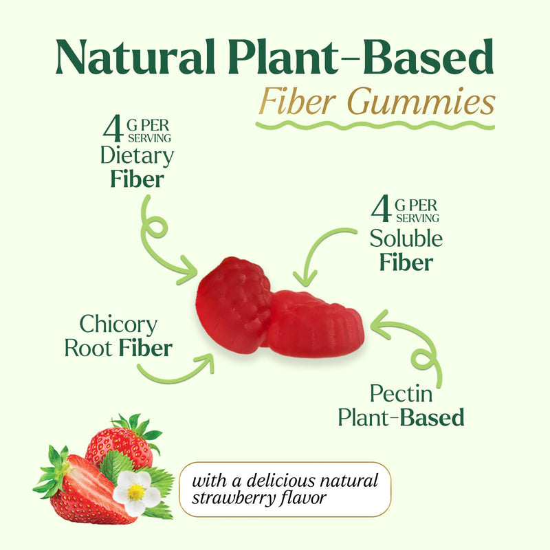 Prebiotic Fiber Gummies - 4g Dietary Fiber Per Serving - Extra Strength Daily Supplement for Adults - Tasty Strawberry Flavor - Plant Based Digestive and Regularity Support - 60 Gummies