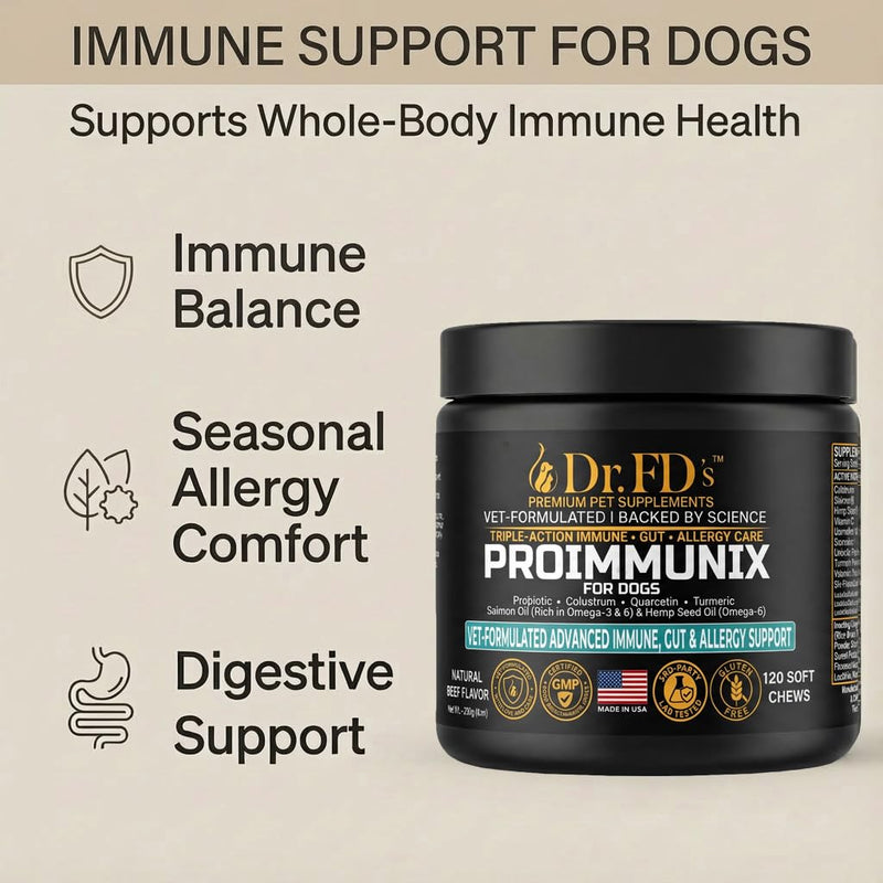 Dog Probiotics for Dogs | Immune & Allergy Support with Colostrum for Gut Health | 120 Soft Chews | Made in USA | Dr. FD’s ProImmunix