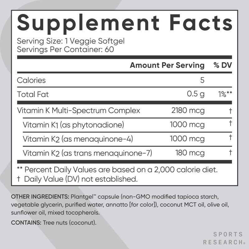 Sports Research Vitamin K Multi-Spectrum - Three Types of Vitamin K: K1, K2 MK-4 & K2 MK-7 - Vegan Friendly, Plantgel Capsule - 60 softgels 60 Count (Pack of 1) Multi-Spectrum K - BeesActive Australia