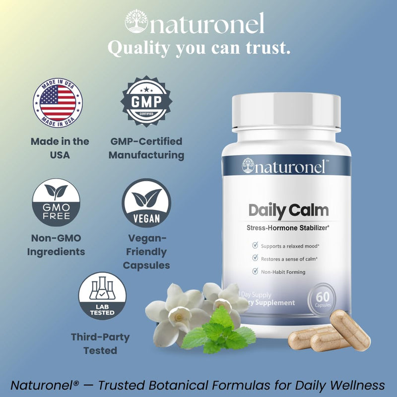 Daily Calm – Stress Relief Supplement - Feel Calm and Relaxed - Supports Mood & Mental Focus - Magnesium, GABA, Ashwagandha, Rhodiola, Lemon Balm & Chamomile - Eases Tension & Nervousness (1) 1