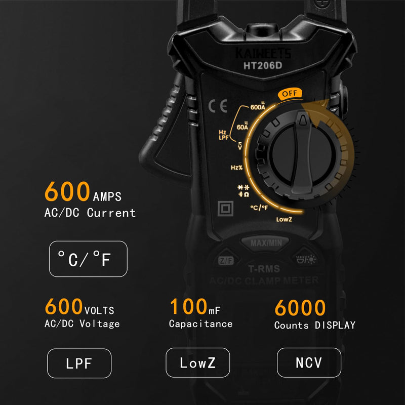 KAIWEETS HT206D Digital Clamp Meter T-RMS 6000 Counts, Multimeter Voltage Tester Auto-ranging, Measures Current Voltage Temperature Capacitance Resistance Diodes Continuity Duty-Cycle (AC/DC Current) AC/DC Current