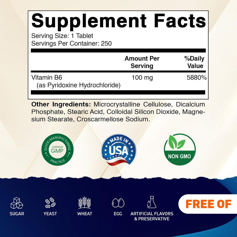 Vitamatic Vitamin B6 100 mg Tablets, 250 Count, Non-GMO, Made in USA | Support Energy Metabolism*, Support Nervouse System Health and Immune Function*, Gluten Free. 250 Count (Pack of 1)