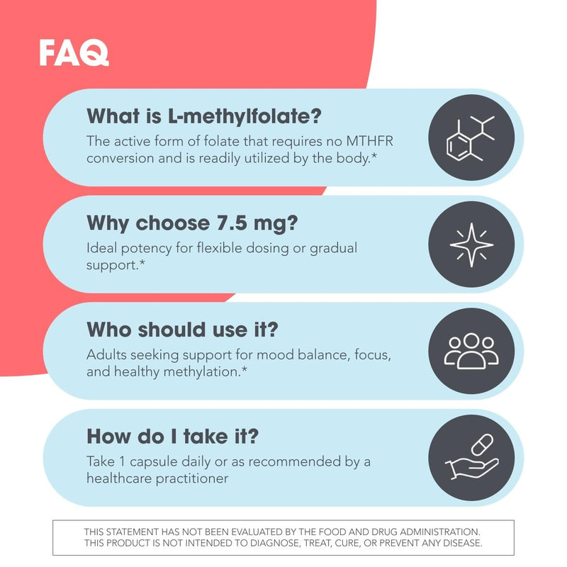 MethylPro L-Methylfolate 7.5 mg Flexible Dosing, 90 Capsules | Active Folate for Methylation Support and Biochemical Reactions, Highly Bioavailable and Hypoallergenic