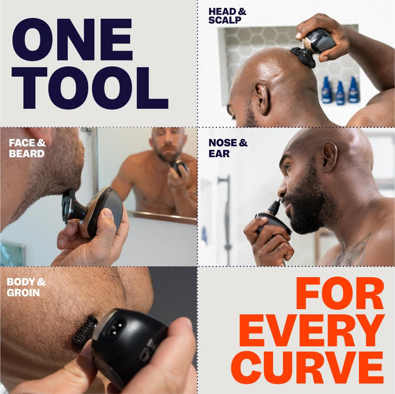 FlexSeries Electric Head & Body Hair Shaver - Mens Cordless Rechargeable Wet/Dry Skull Bald Head Back & Groin Waterproof Razor with Rotary Blades, Clippers, Nose Trimmer, Brush, Massager FlexSeries