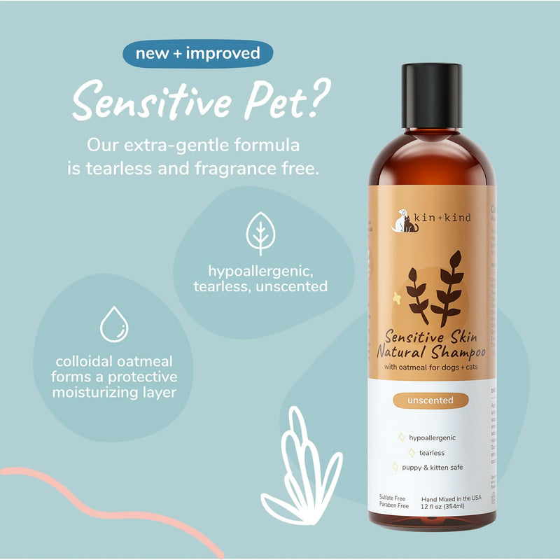 Oatmeal Shampoo for Dogs and Cats by kin+kind - Cat & Dog Shampoo for Sensitive Skin with Colloidal Oatmeal - Safe, Natural Formula with Olive Oil and Coconut Oil (12 fl oz) - Made in USA Unscented - BeesActive Australia