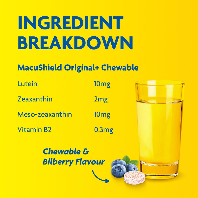 Macushield Original Chewable, 30 Tablets, 30 g | Helps maintain normal vision, Lutein, zeaxanthin and meso-zeaxanthin, Vitamin B2 riboflavin, Bilberry flavour