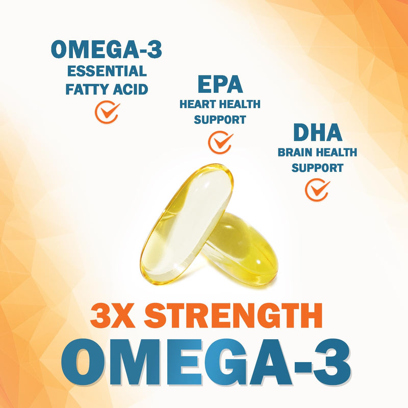 Omega 3 Fish Oil Supplements - 2400mg Fish Oil Per Serving - Triple Strength Omega-3 with EPA & DHA Fatty Acids - Natural Heart, Brain & Immune Support - Wild Caught, Bottled in USA - 60 Softgels 60 Count (Pack of 1)