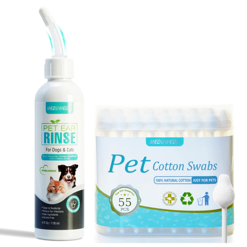 MEDUWEDU Pet Ear Care Set – Ear Cleaning Solution + Cotton Swabs for Dogs & Cats