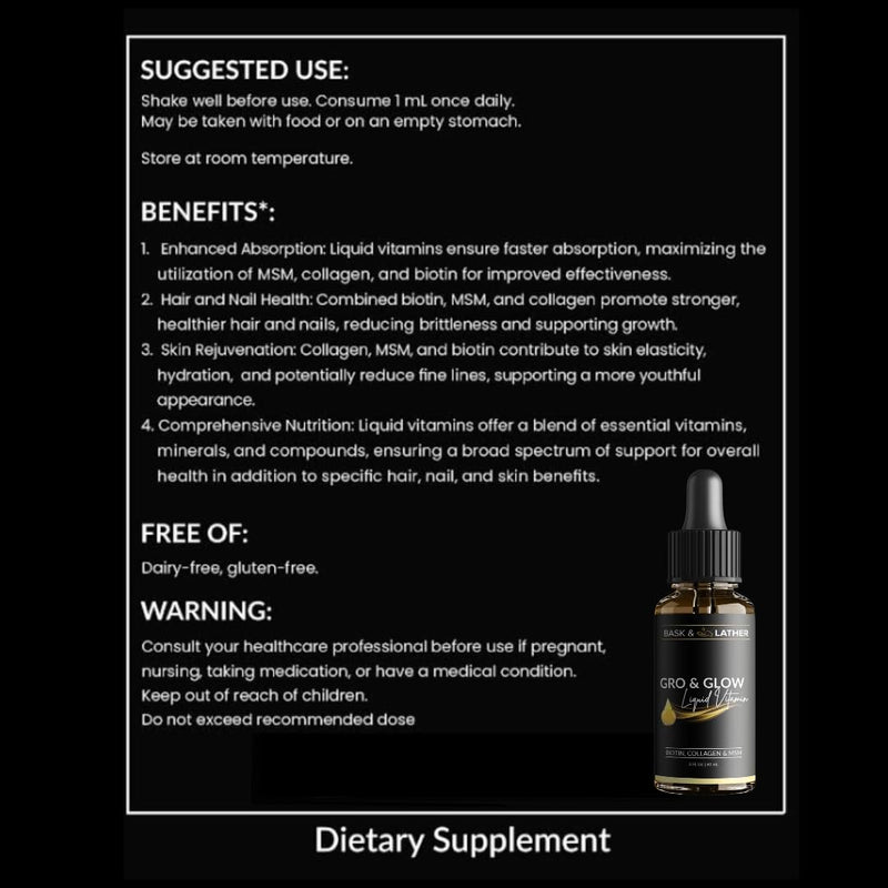 BASK & LATHER GRO & Glow Liquid Vitamin, Liquid Collagen for Women, Natural Ingredients with Collagen, Biotin, Msm, Beauty Supplement, Helps Support Healthy Hair, Skin & Nails, Cherry Flavor, 2 FL Oz
