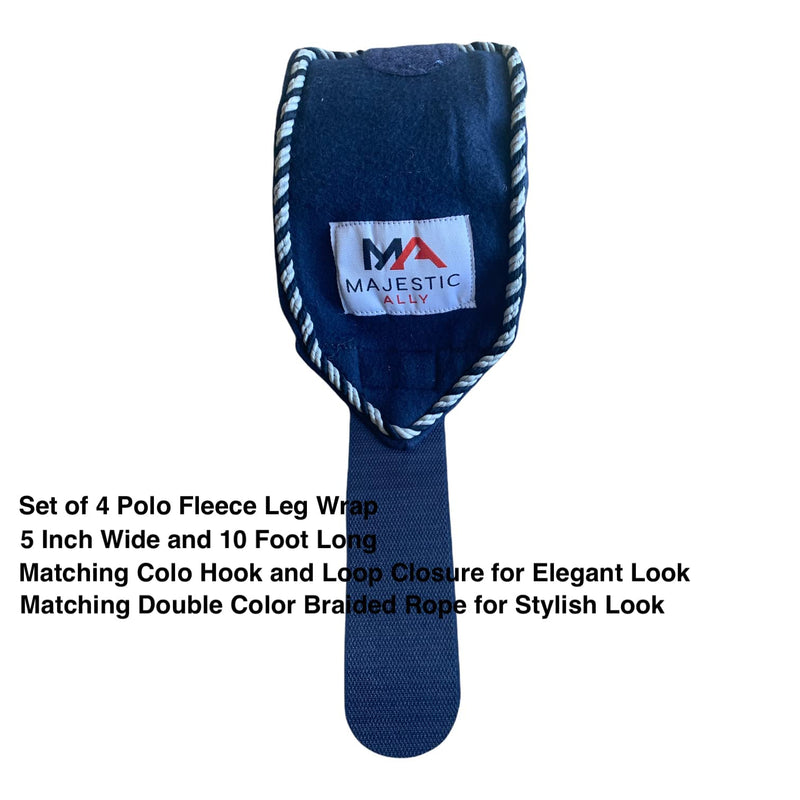 Majestic Ally Fleece Polo Leg Wraps with Braided Rope for Horses - Set of 4-10 foot long and 5 Inch wide (Navy) Navy - BeesActive Australia