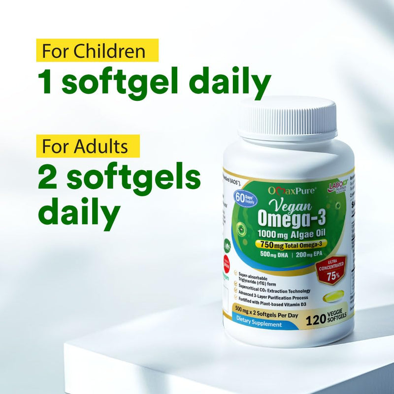 LABO Nutrition OmaxPure Vegan Omega-3 Algae Oil IAOS EPA DHA 120 softgels | IAOS certified 750mg omega-3 from 1000mg algae oil, for heart, brain & eye health, up to 60 days' supply