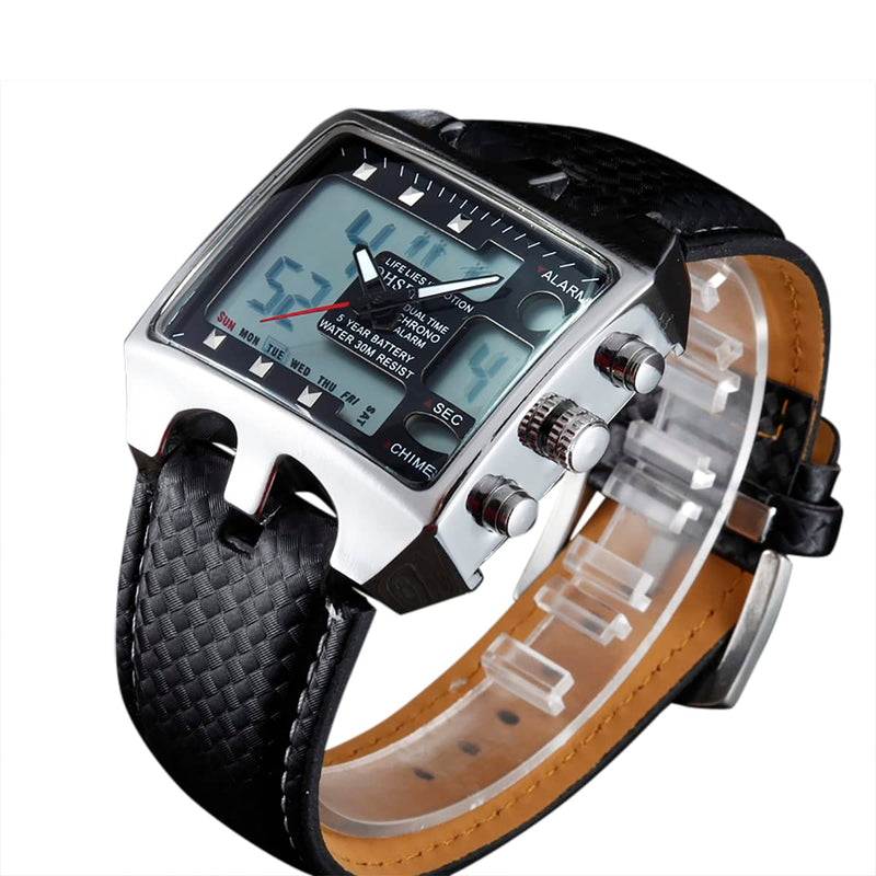 ShoppeWatch Mens Soccer Referee Watch Big Square Face LED Dual Time Analog Digital Light Up Dial Stopwatch Leather Band Reloj Deportivo para Hombre Cronometros Wacht Black Dial