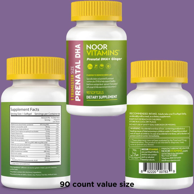 Noor Vitamins Halal Prenatal Vitamins with DHA and Folic Acid, Essential Vitamins, Ginger to Soothe Mom's Stomach, Iron, Softgels, Prenatal Vitamin Before/During/Post Pregnancy (3 Months Supply) 90 Count (Pack of 1)