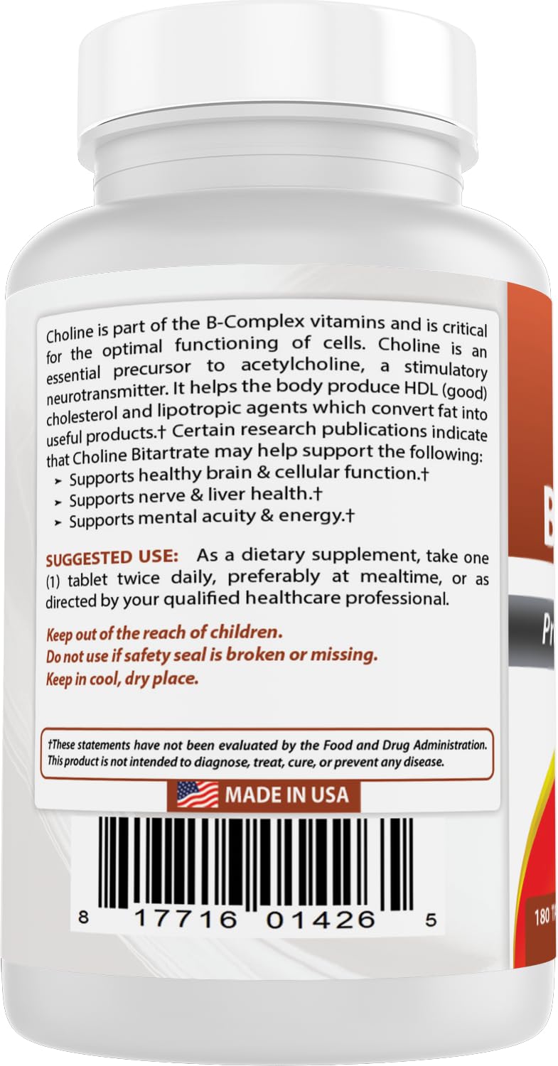 Best Naturals Choline Bitartrate 650 mg (Non-GMO) for Healthy Cognitive Brain Function 180 Tablets