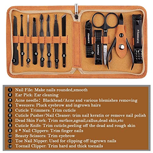 FAMILIFE 13pcs Stainless Steel Manicure Set And L07 100% Stainless Steel Ingrown Toenail File and Lifter Double Sided with Storage Case