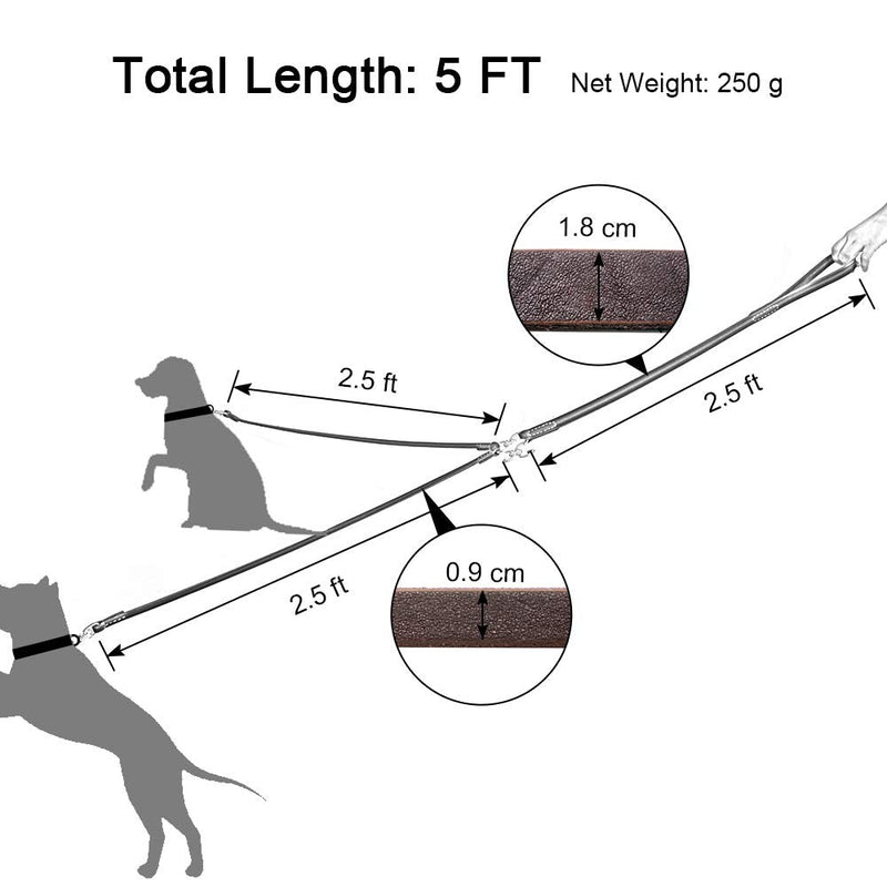 Real Leather Double Dog Leash, No Tangle Dual Dog Leashes with Heavy Duty Shiny Coupler, 5 Feet Pet Training and Walking Leads for 2 Puppies, Small and Medium Dogs, Brown - BeesActive Australia
