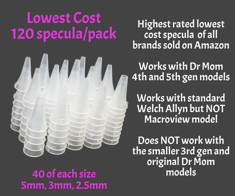 120 Translucent Otoscope Specula 5 mm Adult, 3mm Child, and 2.5mm Infant Size (40 of Each Size) for 4th and 5th Generation Dr Mom Otoscope Important- NOT for Dr Mom 3rd Gen and Original otoscopes - BeesActive Australia