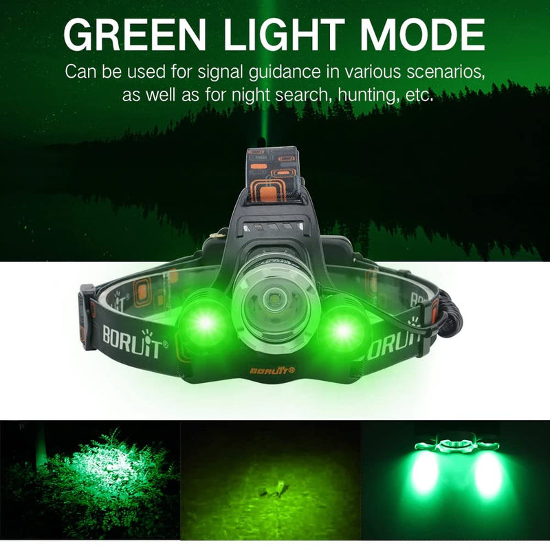 USB Rechargeable Green Light Headlamp,5000 High lumens Brightest White & Green LED Hunting Headlamps,IPX4 Waterproof Zoomable Work Headlight Head Flashlight for Camping, Hiking, Running