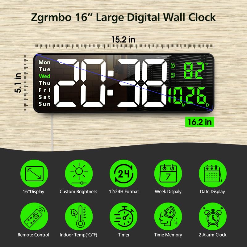 Zgrmbo 16-inch Digital Wall Clock with Remote Control, Large Display Digital Clock with Date, Indoor Temp, Week, 12/24H, Auto Dimming, A Wall Clock Suitable for Living Room, Warehouse, Shop, Gym White & Green
