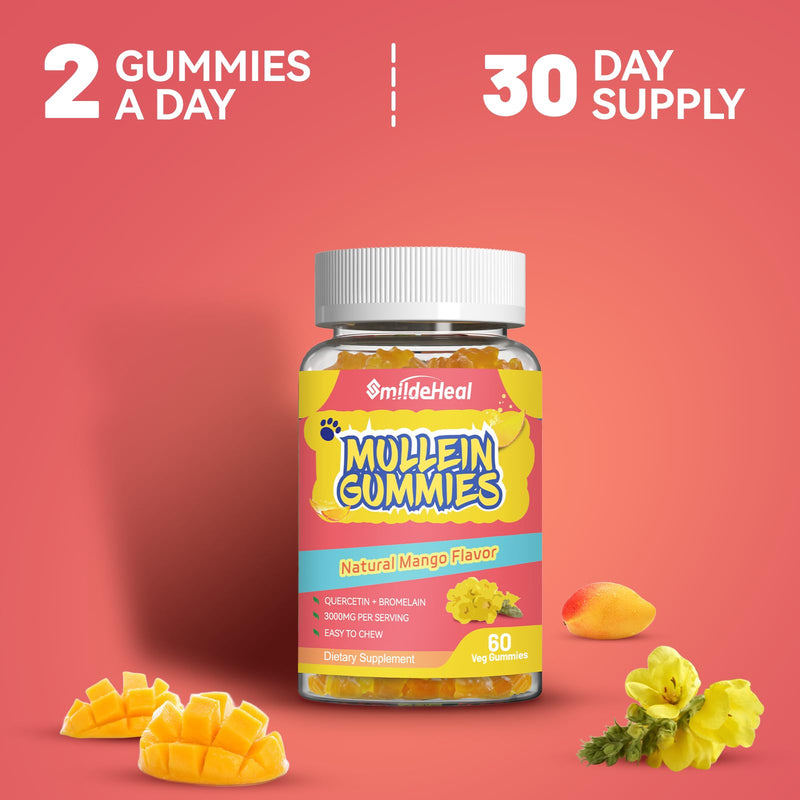 Mullein Gummies 3000MG, Sugar Free Mullein Gummies with Bromelain & Quercetin, Mullein Leaf Extract Supplements for Lungs, Vegan, 60 Count 60 Count (Pack of 1)