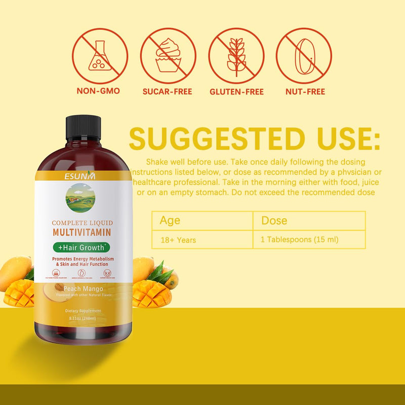 ESUNM Complete Liquid Multivitamin + Hair Growth, Promotes Energy Metabolism& Skin and Hair Function| Vitamin C D | B Vitamins | Help to Thicker Hair, Wrinkles, Fine Lines, Skin Care 8.11 Fl Oz (Pack of 1)