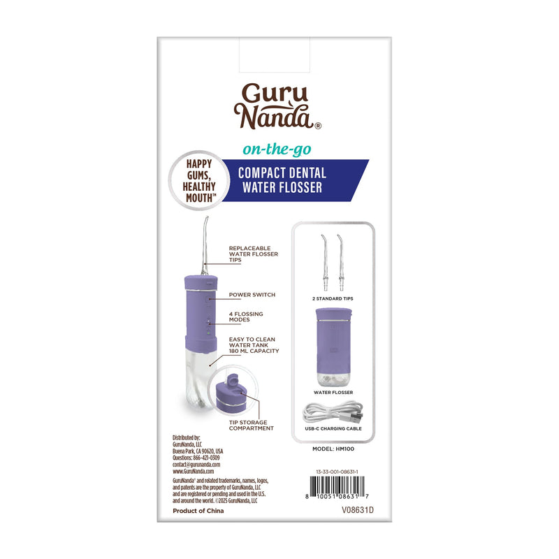 GuruNanda Compact Water Dental Flosser, Portable Travel Size Oral Irrigator Flosser with Collapsible 180 ml Tank, Smart Timer, 4 Flossing Modes, TSA-Approved - Lavender - BeesActive Australia