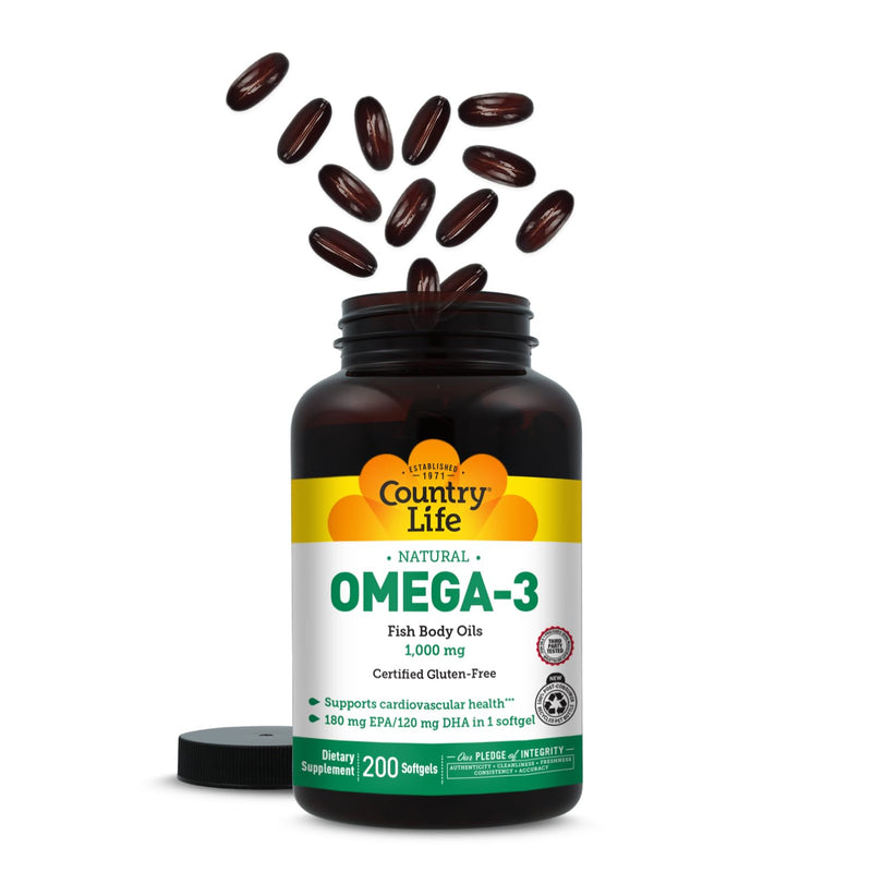 Country Life Omega-3 Fish Oil 1000 mg, EPA DHA, 200 Softgels | Burpless formula provides 180 mg EPA and 120 mg DHA per softgel for cardiovascular support Unflavored 200 Count (Pack of 1)