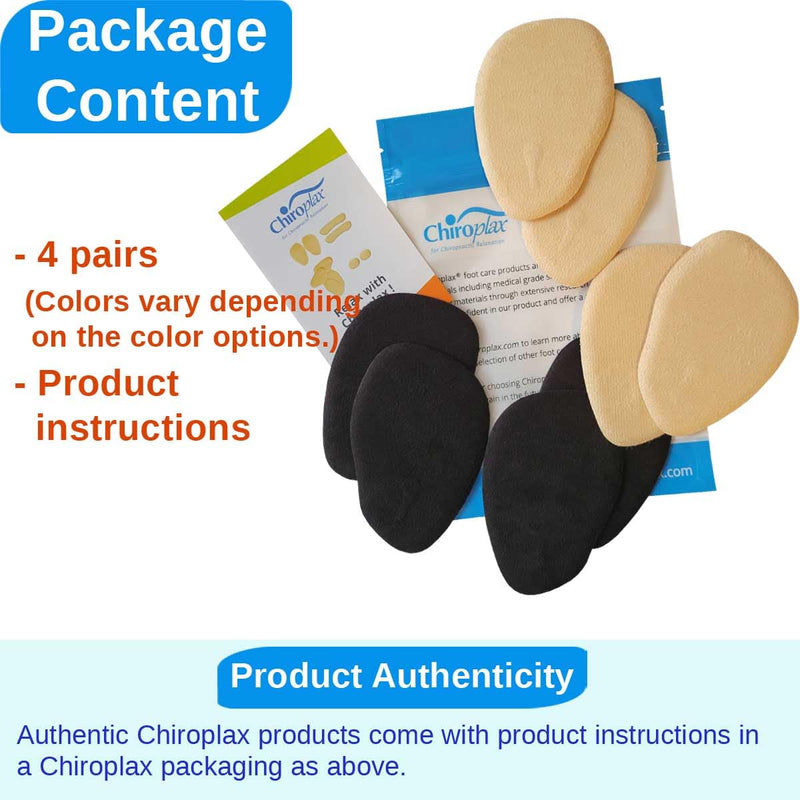 Chiroplax High Heel Cushion Inserts Pads (4 Pairs) Suede Ball of Foot Forefoot Metatarsal Anti Slip Shoe Insoles for Women Thick Combo (Beige & Black)