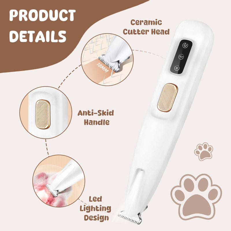 VicBou Dog Clipper, Portable Dog Clipper with LED Light, USB Rechargeable Paw Trimmer, Waterproof Pet Razor for Dogs, Cats, Paws, Eyes, Ears, Face, Body White - BeesActive Australia