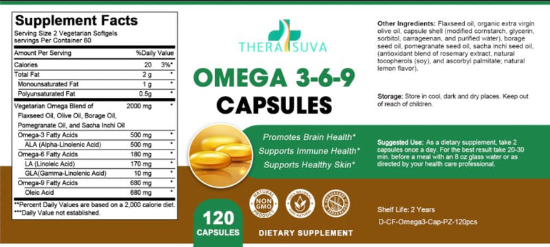 High-Potency Omega 3-6-9, 100% Vegan Sourced Natural Supplement for Heart, Brain and Mobility Health, 2 Month Supply, 120 Softgels
