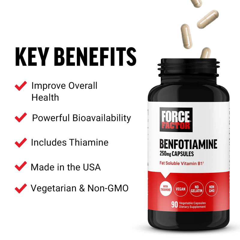 Force Factor Benfotiamine Plus Thiamine Supplement | Fat Soluble Vitamin B1 for High Absorption, Non-GMO, Vegan, 90 Vegetable Capsules