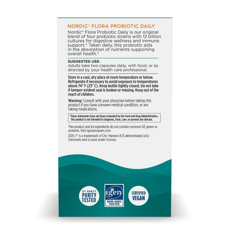 Nordic Naturals Nordic Flora Probiotic Daily, Immune Support - 60 Count | 4 strains, 12 billion CFU. Supports immune health, digestive wellness & optimal gut function. Vegan, Non-GMO. 30 servings. 60 Count (Pack of 1)