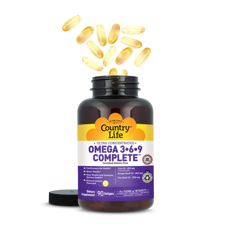 Country Life Omega 3-6-9 Complete, 1,534 mg per Serving, 90 Softgels | Fish, borage and flax seed oils provide EPA, DHA, GLA and ALA with natural lemon flavor; 45 servings