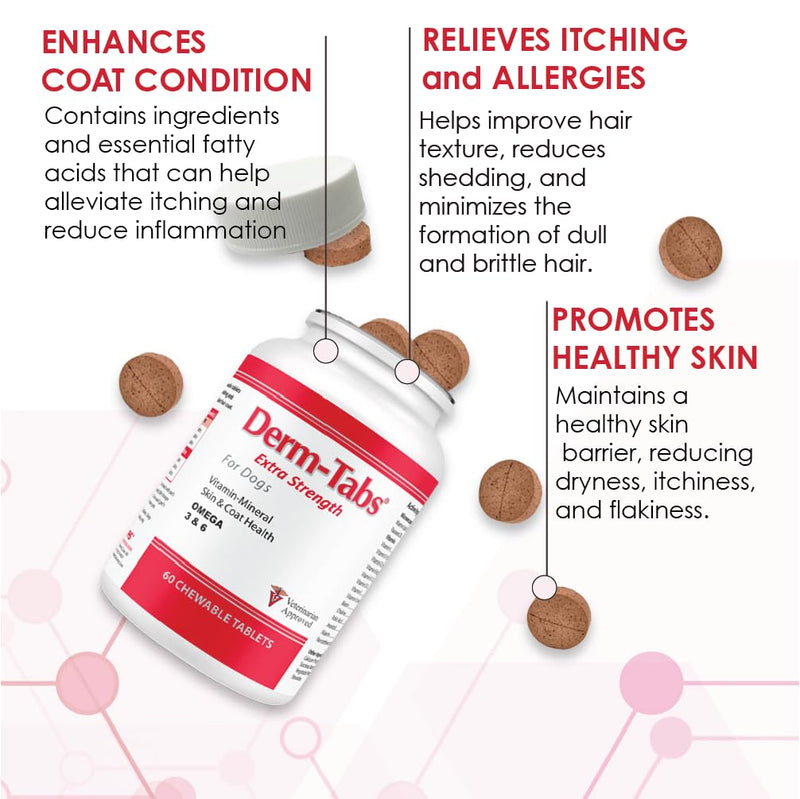 Derm Tabs Extra Strength for Dogs - Natural Oil, Vitamins, Minerals, and Antioxidants - Support Healthy Skin and Reduce Shedding -60 Chewable Tablets