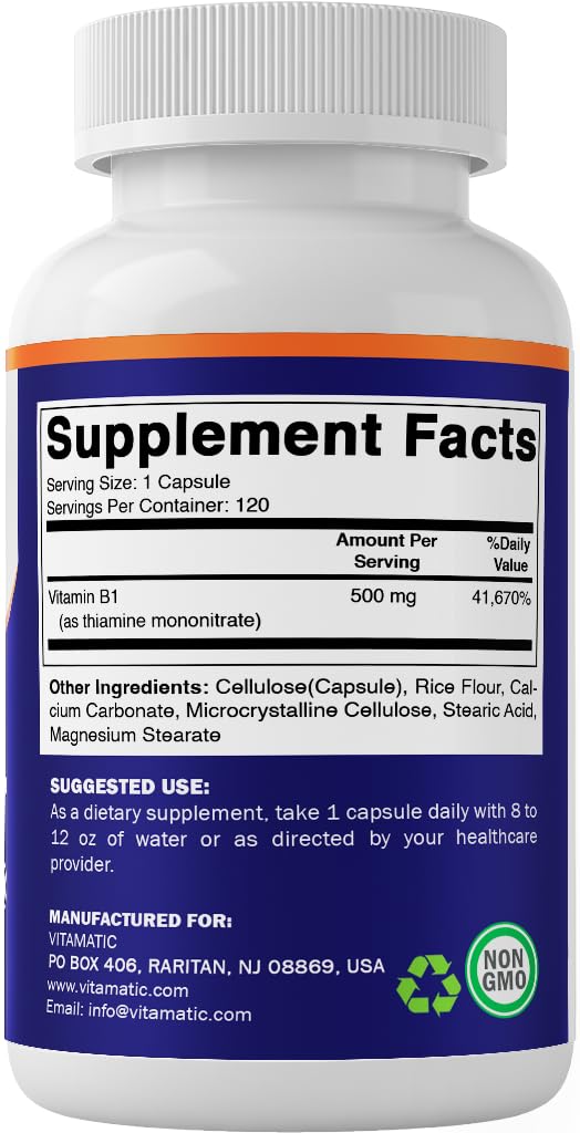 Vitamatic Vitamin B1 500 mg (Thiamine Mononitrate), 120 Capsules (2 Pack) | High Potency B1, Supports Nervous System Health and Energy Metabolism*, NonGMO, Gluten Free, Made in USA 60 Count (Pack of 2)