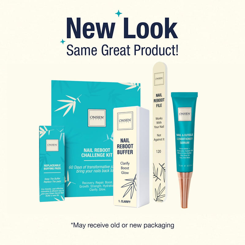 Onsen Secret Nail Care Kit - w/Cuticle Care Serum, Japanese Nail Buffer and Shine Kit - Strengthening & Shining - Spa-Quality Manicure - Organic Ingredients - Long-Lasting Shine - Easy & Safe - 1pk Essential Nail Reboot Kit (Serum)
