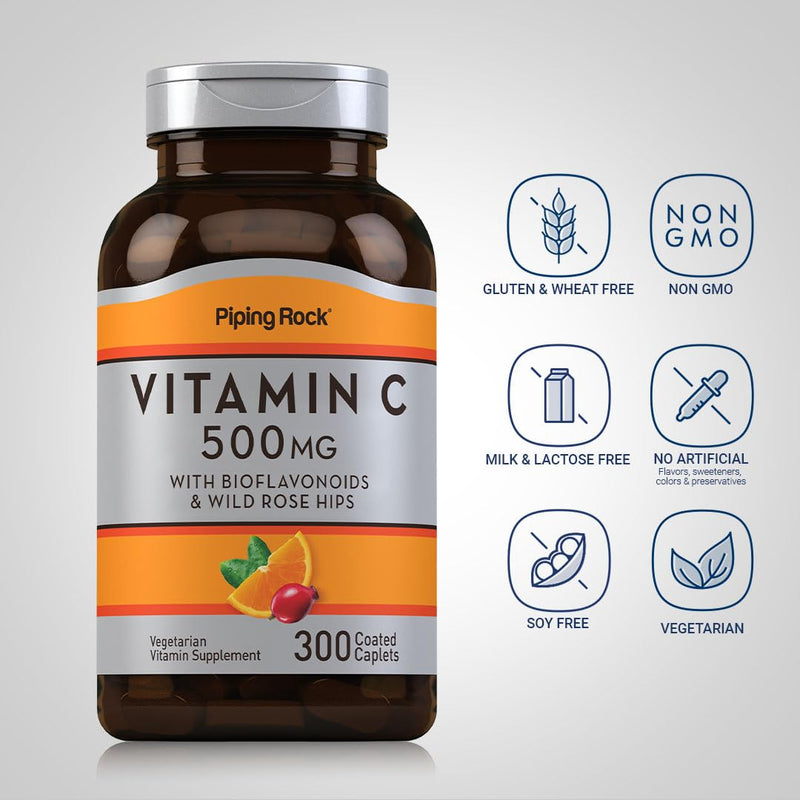 Piping Rock Vitamin C 500mg | 300 Caplets | Supplement for Women and Men | with Rose HIPS and Bioflavonoids | Vegetarian, Non-GMO, Gluten Free