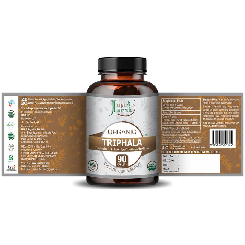 Just Jaivik Organic Triphala (Amla + Bibhitaki + Haritaki) Tablets - A Dietary Supplements - 750 mg (Pack 90 Organic Tablets) | Balancing Formula for Detoxification & Rejuvenation - BeesActive Australia