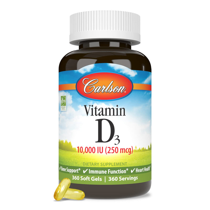 Carlson Vitamin D3 10000 IU (250 mcg), Bone Health, 360 Softgels | Muscle Health; Cholecalciferol; Vitamin D Supplements; Vitamin D3 Soft Gels 360 Count (Pack of 1)