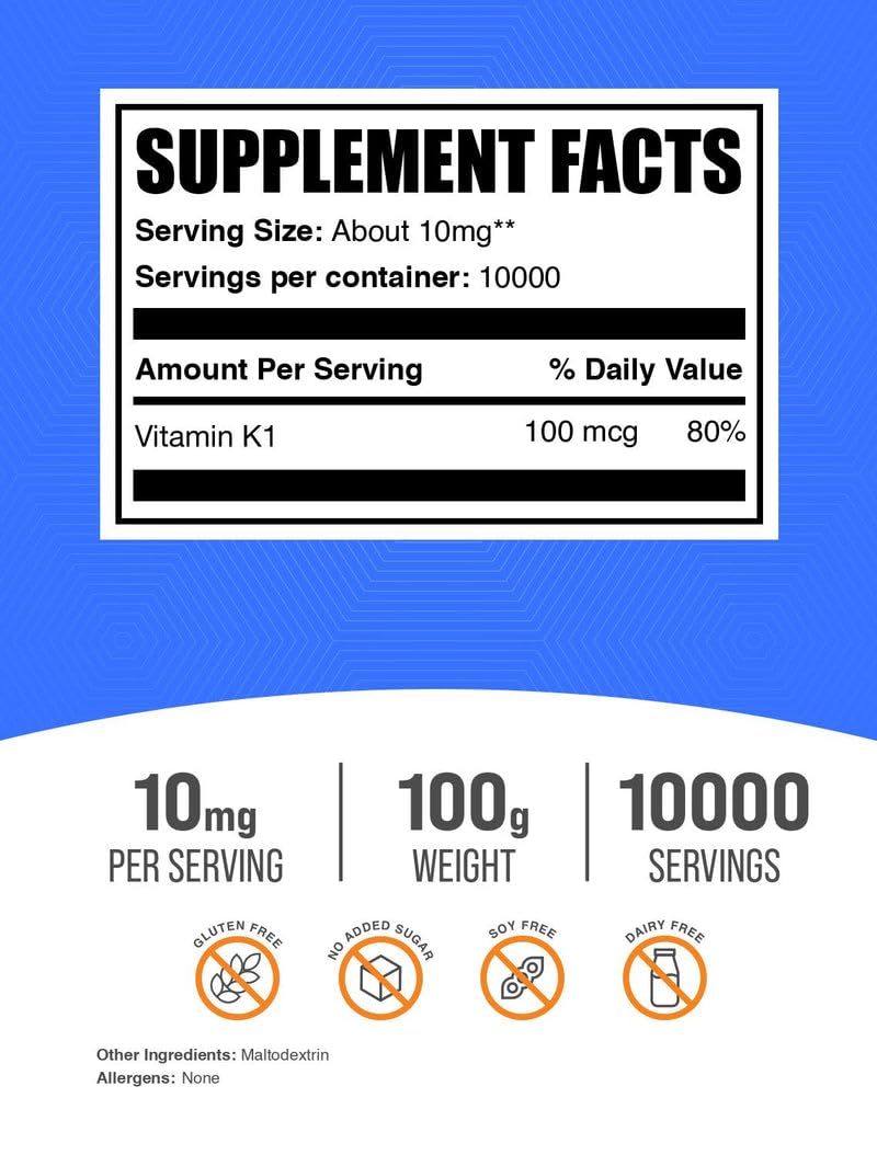 BulkSupplements.com Vitamin K1 Powder - Vitamin K1 Supplement for Bone and Heart Health Support - Gluten Free, 10mg per Serving, 100g (3.5 oz) (Pack of 1) 3.5 Ounce (Pack of 1) - BeesActive Australia