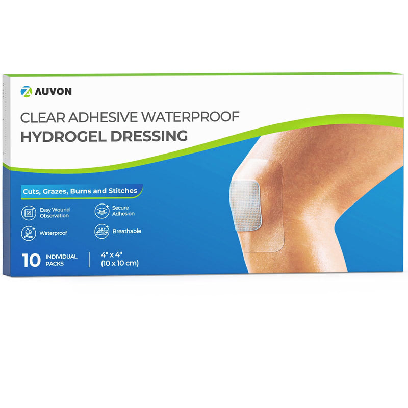 AUVON Hydrogel Burn Dressings 4" x 4" for Instant Cooling Relief & Moist Healing, Adhesive Burn Pads for 1st-2nd Degree Burns, Cuts, Abrasions, Waterproof Wound Dressing for Home First Aid Kit, 10 Pcs 4x4 Inch (10 Pcs)