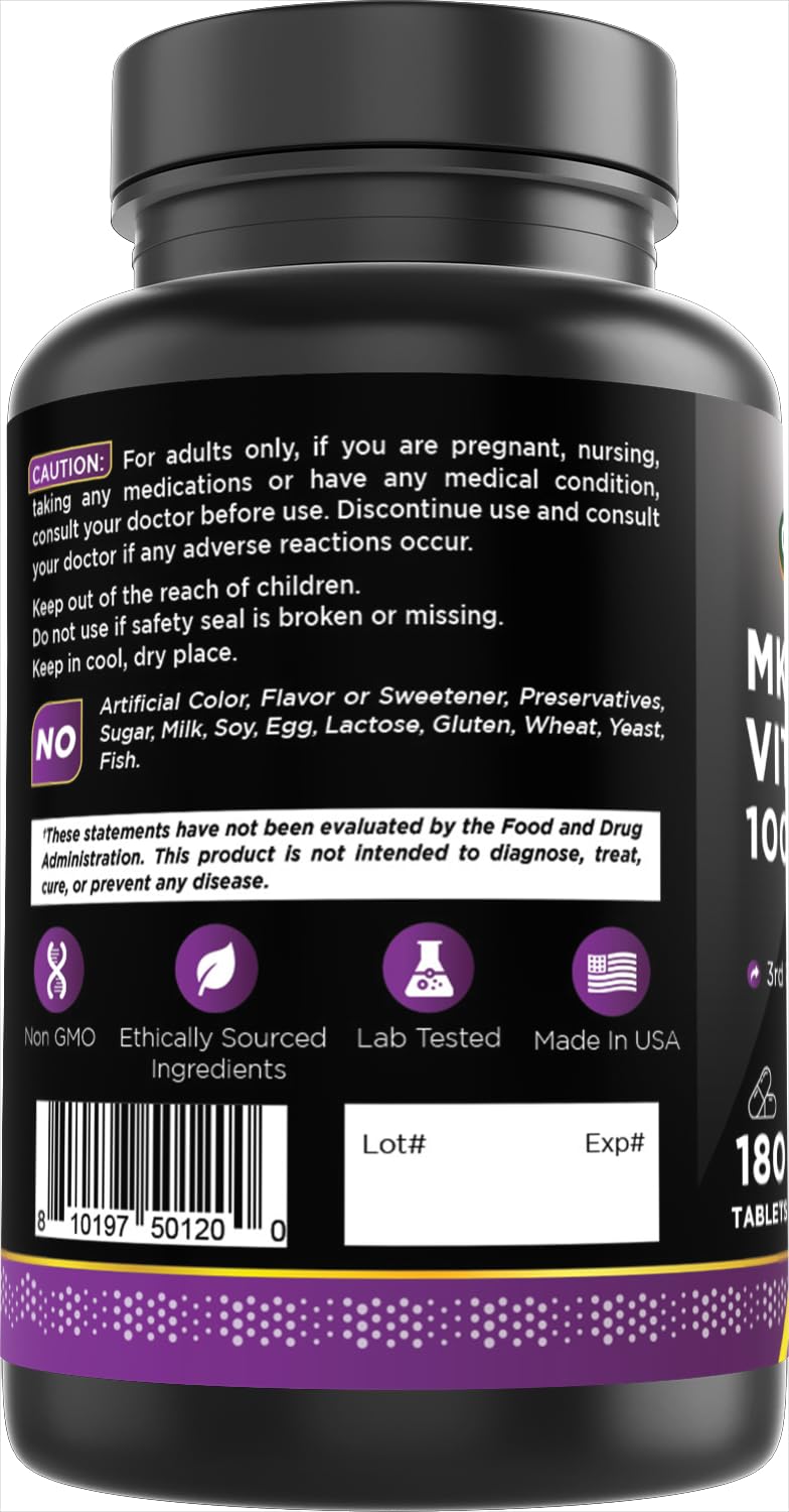 Oxify MK-7 Vitamin K2 100 mcg with D3, 180 Tablets | Gluten-Free, Non-GMO, Made in USA