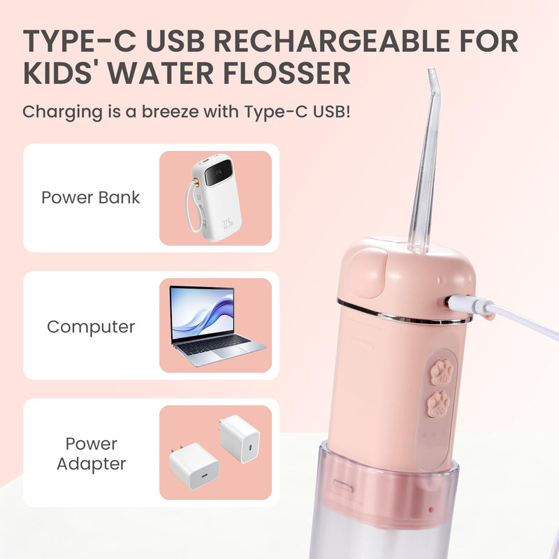 Kids Water Dental Flosser, Portable Water Flosser for Teeth 150ML Rechargeable Oral Irrigator with 3 Modes & 4 Nozzles, IPX5 Waterproof for Home and Travel Pink